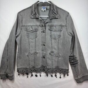 DG2 Diane Gilman Gray Denim‎ Jacket Studded Key Charms Women's Size Medium